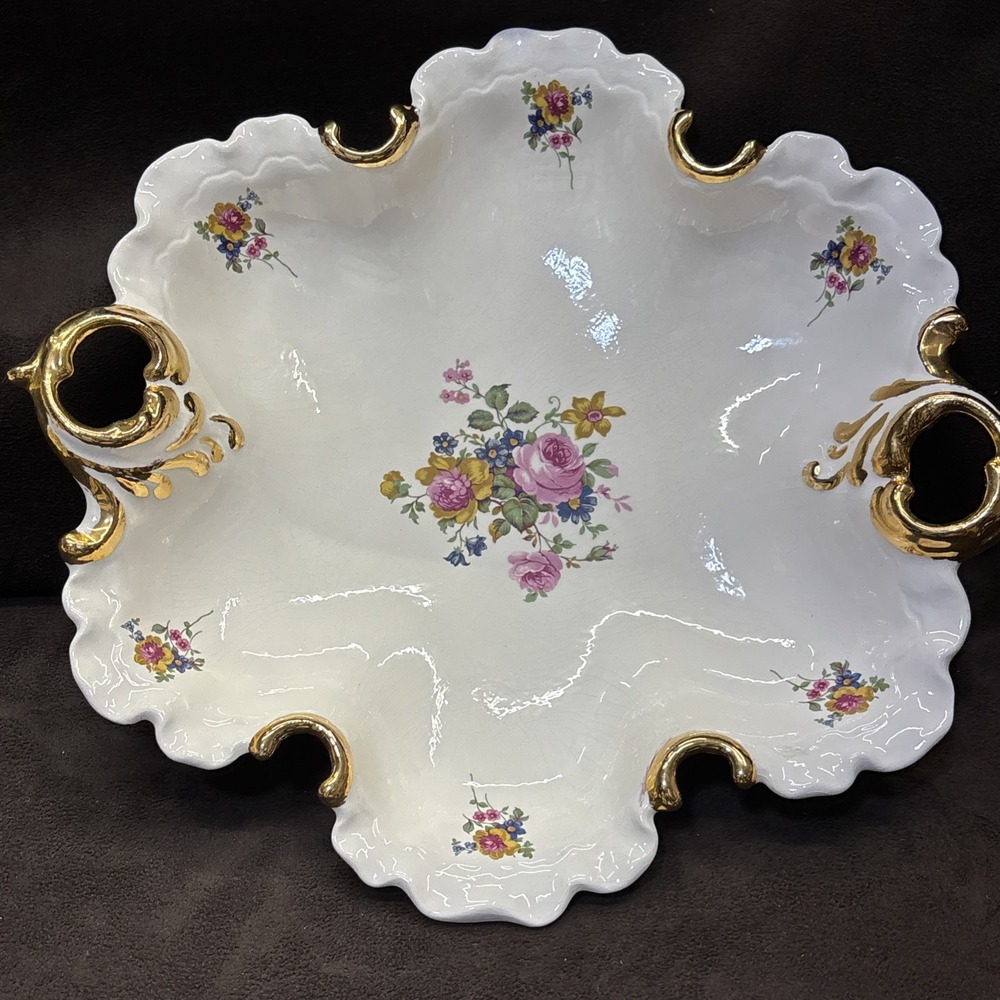 Vtg American Artwork Serving Bowl Pink Blue yellow Flowers By Edna Bullock